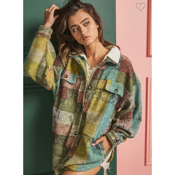 LAST ONE! Lime Fleece Checked Shirt Jacket - Picture 3 of 8